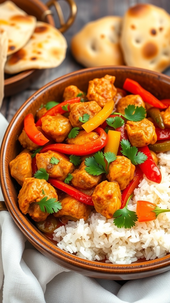 A delicious plate of Chicken Jalfrezi with colorful vegetables, garnished with cilantro, served with rice and naan.